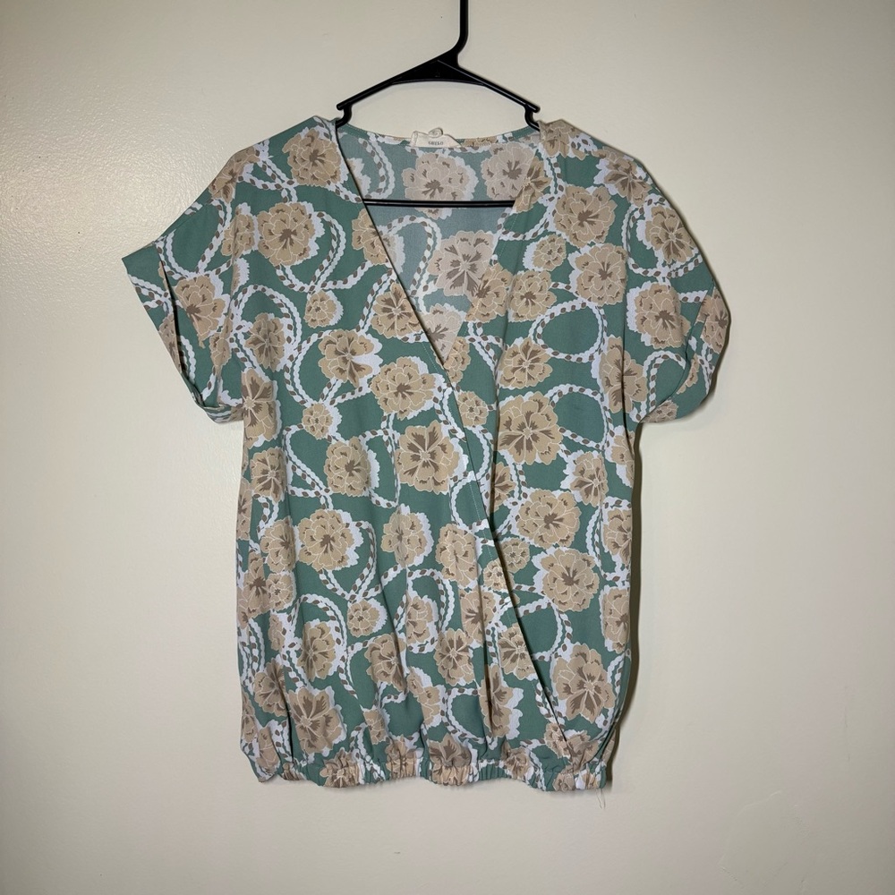 Entro Women’s Floral Cream and Green Wrap Blouse